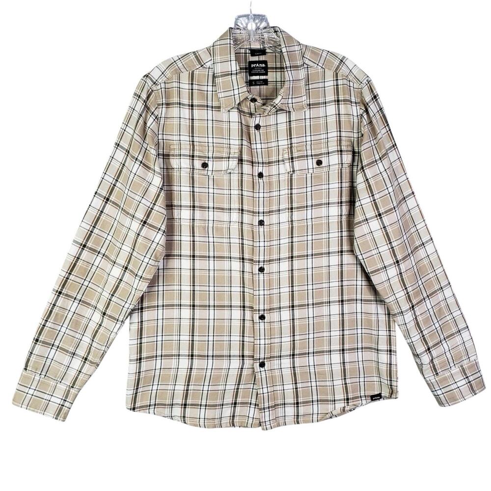 PrAna Flannel Shirt Slim Khaki Mens Size Small Plaid Long Sleeve Organic Cotton